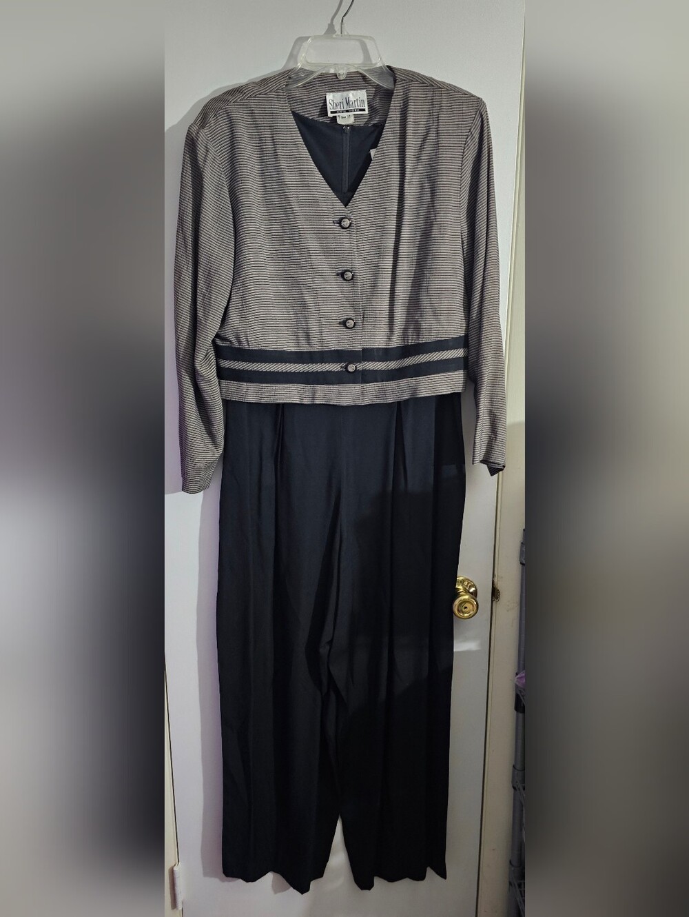 Sheri Martin Black and Beige Striped Two-Piece Jumpsuit Set